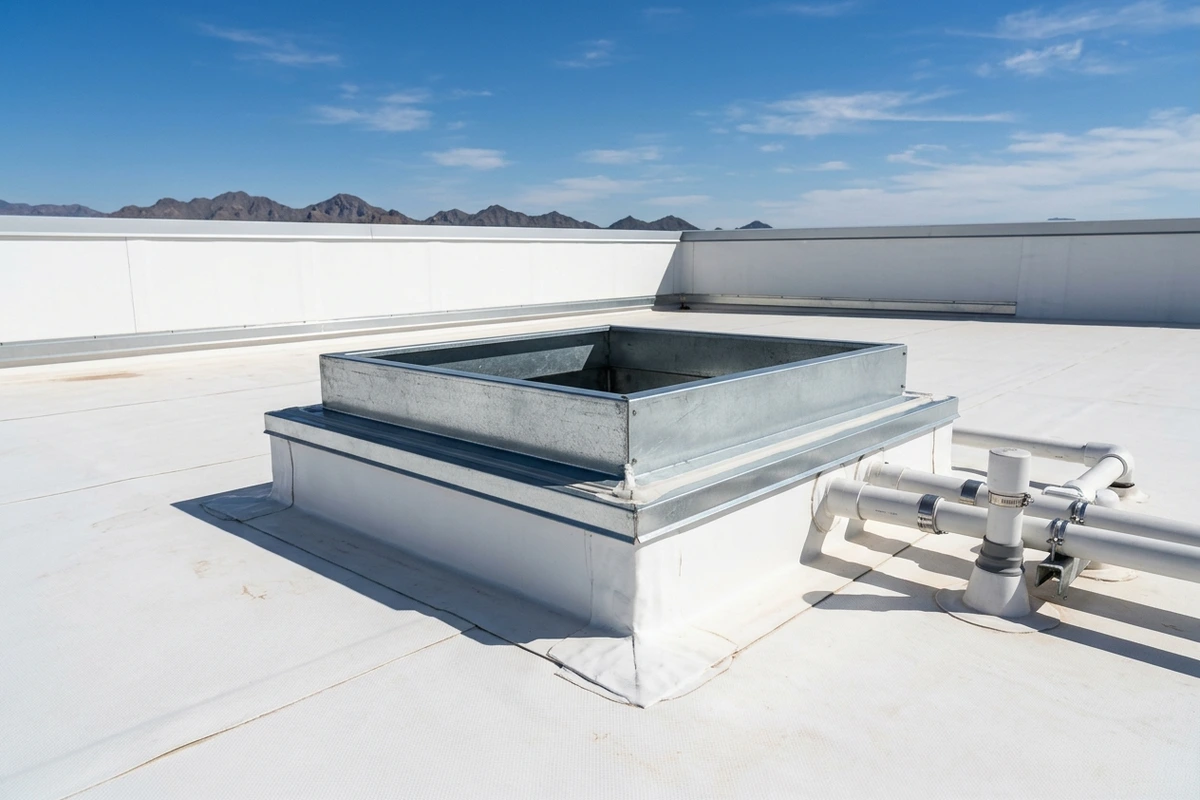 Stepped flashing at an HVAC curb and wall edge, Catalina Foothills
