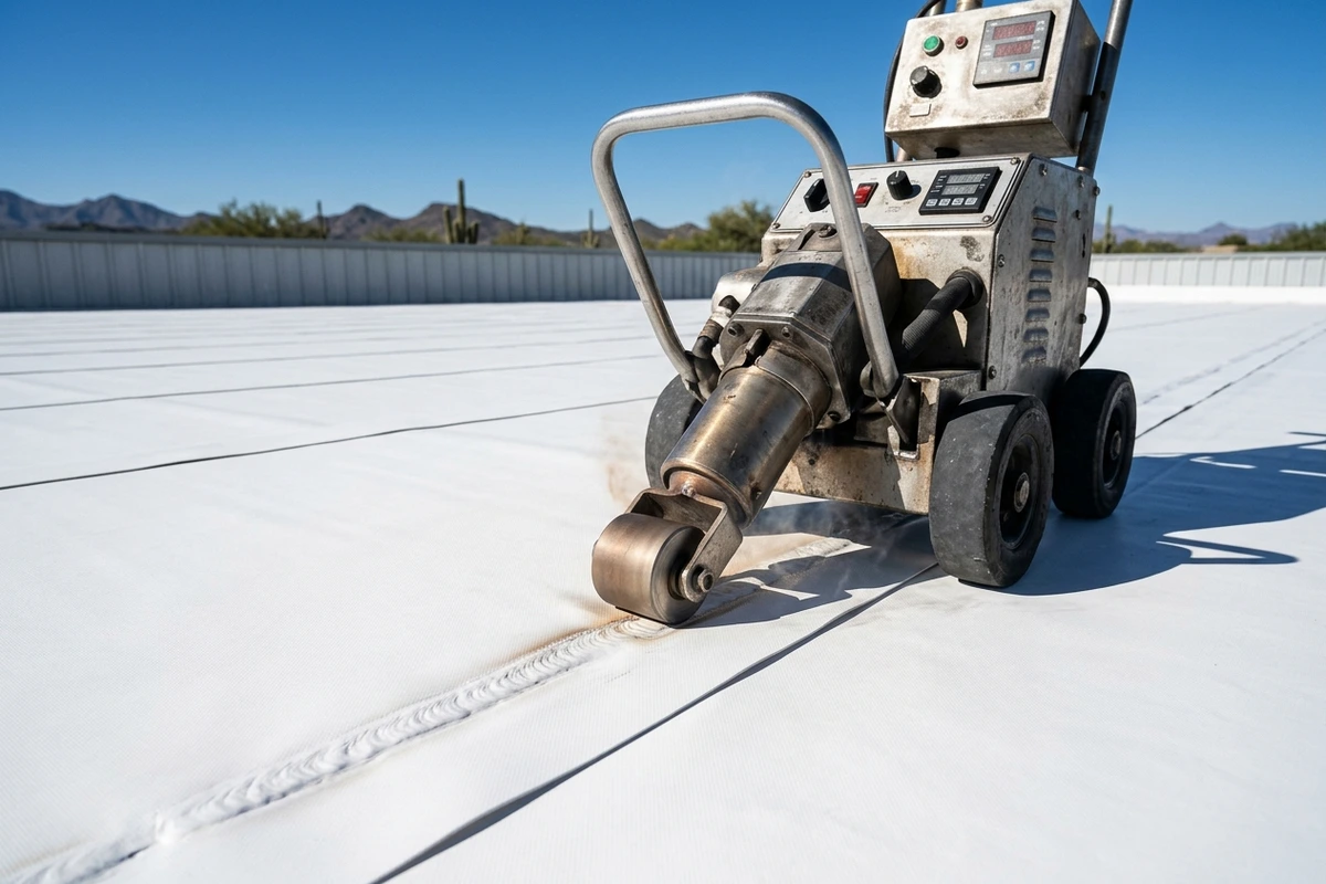 Robotic hot-air welding of a reflective white TPO commercial roof membrane in Tucson